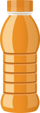 Parlak renkli turuncu sıvı bir kap ve siyah bir arka fona sürgülü bir kapak. Tasarımı, bölümler halinde pürüzsüz, stilize bir şekil sunar..