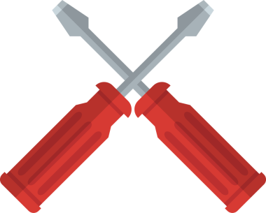 Kırmızı saplı ve gri uçlu iki düz başlı tornavida, siyah arka planda X şeklinde konumlandırılmış. Tornavidalar onarım veya DIY projelerini sembolize ediyor.