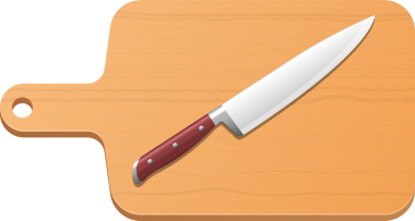Bir illüstrasyonda, ahşap saplı ve parlak bıçaklı bir şefin bıçağı açık kahverengi bir tahta kesme tahtasının üzerinde asılı duruyor..