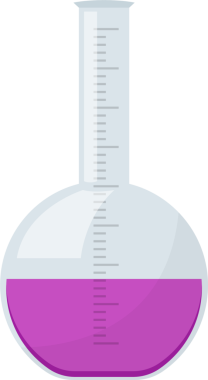Bir illüstrasyon, şeffaf, yuvarlak bir mataranın kısmen canlı mor bir sıvıyla dolu olduğunu gösteriyor, muhtemelen bir bilim laboratuvarında kullanılan bir çözüm. Şişede ölçü işaretleri var..