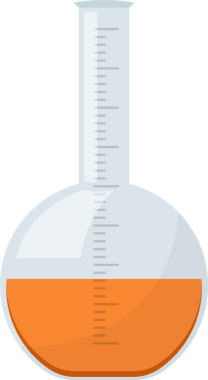 Açık, yuvarlak dipli, kısmen turuncu sıvıyla dolu bir şişe. Sergide, genelde sıvı hacmi ölçmek için kullanılan boyun boyunca mezuniyet çizgileri yer alıyor..