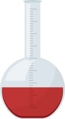 Kırmızı bir sıvı içeren açık, küresel bir laboratuvar şişesi gösteriliyor. Mataranın boynu, hacmi ölçmek için işaretlerle mezun olur..