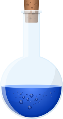 Açık mavi cam bir şişe baloncuklu mavi bir sıvı içerir. Şişenin küresel bir vücudu ve uzun bir boynu var ve mantarla kapatılmış..