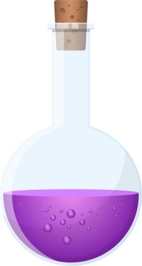 Çizgi filmlerde yuvarlak cam bir şişe köpüren mor bir sıvıyla doldurulur ve bronz bir mantarla kapatılır. Arka plan simsiyah..
