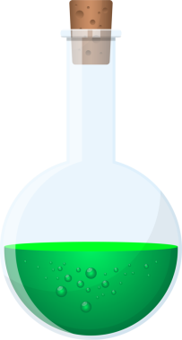 İçi parlak yeşil sıvı kabarcıklarla dolu cam bir şişe. Bir mantar yuvarlak tabanlı şişenin üstünü kapatır. Şişenin arka planı siyah..