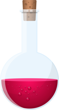 Çizgi film stili bir illüstrasyonda fokurdayan kırmızı bir sıvıyla doldurulmuş ve mantarla kapatılmış bir iksir şişesi gösteriliyor. Tuhaf sihirler ve gizemli deneyler çağrıştırıyor..