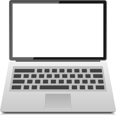 Beyaz ekranı ve siyah klavyesi olan gümüş bir laptop. Cihaz parlak ve modern. Kullanıma hazır, ekran açık görüntülenir.