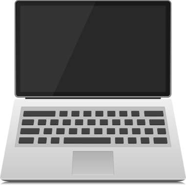 Görüntü açık, siyah ekranlı gümüş bir dizüstü bilgisayar gösteriyor. Klavye ve pist takımı, bilgisayar donanımının net ve modern bir temsilini sağlayarak görünür durumdadır..