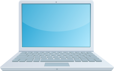 Açık, modern görünümlü bir dizüstü bilgisayarın ön görüntüsü, mavi ekran ve tam bir klavye içeriyor. Tasarım basitliği ve işlevselliği vurgular.