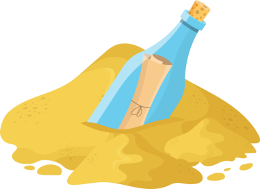 Bir çizgi film karakteri, üzerinde yuvarlanmış bir parşömen bulunan mavi cam bir şişe tasvir eder, yarısı sarı kuma gömülü, kahverengi bir mantarla kaplıdır. Sahili çağrıştırıyor..