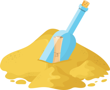 Tarzlı bir illüstrasyonda sarı kum tepeciğine sıkışmış açık mavi bir cam şişe yer alır. İçinde, iple bağlanmış bir parşömen var..