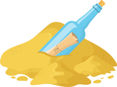 Bir illüstrasyonda açık mavi cam bir şişe ve yarısı altın kumda gömülü bir mantar tasvir ediliyor. Yuvarlanmış bir mesaj şişenin içinde görünüyor, iple bağlanmış..