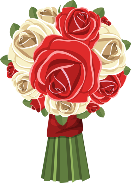 Detaylı bir illüstrasyonda, yemyeşil yapraklarla tamamlanmış kırmızı ve beyaz güllerin yer aldığı güzel bir buket sergileniyor. Düzenleme canlı bir kurdeleyle birbirine bağlanmış..