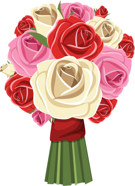 Kırmızı, pembe ve krem rengi çiçeklerin kırmızı kurdeleyle bağlandığı canlı bir buket gül. Yeşil saplar çiçek aranjmanını tamamlar.