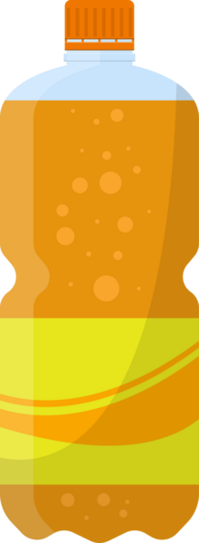 Temiz bir şişede portakal suyu. İçkinin her tarafında hava kabarcıkları var. Şişenin alt kısmında sarı bir etiket var..