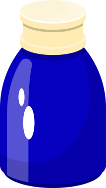 Bu resimde yuvarlak, mavi bir mürekkep şişesi var. En tepede bronzlaştırıcı var. Şişenin yüzeyinde iki önemli nokta görünüyor, bu da cam illüzyonu yaratıyor..