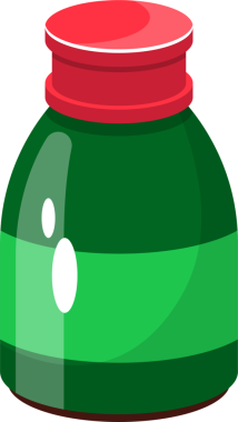 Yuvarlak gövdeli, kırmızı kapaklı ve koyu tabanlı yeşil bir kabın çizgi film çizimi. Kavanozun önünde ışık yansımasını gösteren iki beyaz oval var. Siyah bir arkaplana göre ayarlanmış..