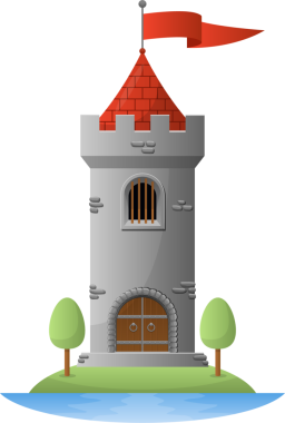 Basit bir karikatür, ortaçağ kale kulesini su, ağaçlar, kırmızı bayrak ve gri taş bir yapı ile birlikte küçük bir adada gösterir..