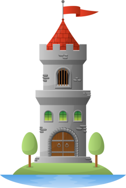 Kırmızı kiremitli çatı, bayrak, ağaçlar ve sakin mavi suyun üzerindeki kemerli girişi olan çimenli bir adaya tünemiş gri taş bir kule karikatürü..