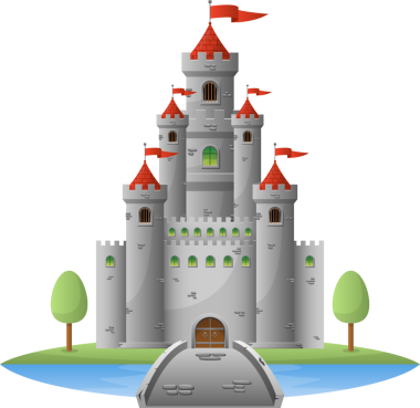 Bu, üzerinde kırmızı bayraklar olan gri taştan bir şatonun karikatür görüntüsü. Kale hendekle çevrili küçük bir adada bulunuyor..