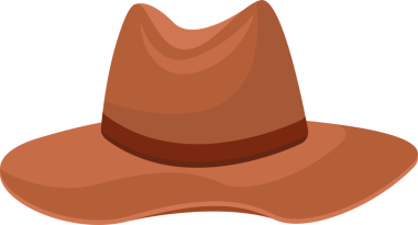 Kahverengi kovboy şapkasının stilize edilmiş, düz ve karikatürsel bir çizimi. Şapka daha koyu kahverengi bir şeride sahiptir ve düz siyah bir arkaplanda izole edilmiştir. Genel izlenim klasiktir..