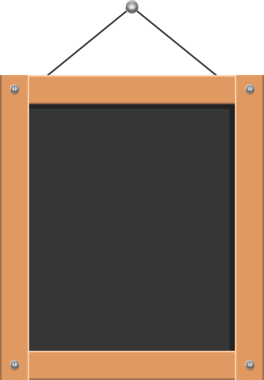 Basit bir karatahta, metal vidalarla korunan hafif ahşap bir kenar tarafından çerçevelenmiş tek bir noktaya asılmış. Tahtanın yüzeyi boş ve içerik için hazır.