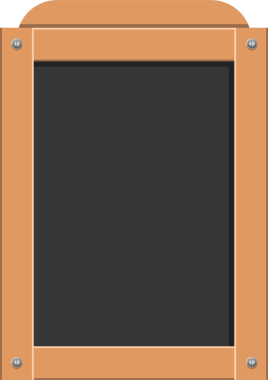 Bu resim basit bir karikatür karatahtasına sahiptir. Tahtanın çerçevesi açık kahverengi ahşaptan yapılmış, görünür vidalarla korunuyor. Metin için boş bir boşluk.