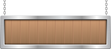 Dijital olarak oluşturulmuş bir resim gümüş zincirler tarafından asılı duran yatay ahşap bir işareti gösterir. Tabelanın açık kahverengi bir arka planı ve gümüş bir çerçevesi var..