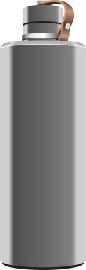 Silindirik metalik bir su şişesi dikey duruyor, kahverengi bir sapla donatılmış. Şişe pürüzsüz ve harici özellikleri olmadan yeniden kullanılmak üzere yapılmış..