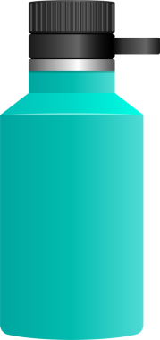 Minimalist bir görüntü, siyah arka planda siyah kapaklı, gök mavisi renginde yeniden kullanılabilir bir su şişesi gösteriyor. Su ve sürdürülebilirlik kavramını vurguluyor..