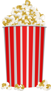 Taze patlamış mısırla dolu bir konteynır resmi. Konteynır kırmızı ve beyaz çizgili. Bazı patlamış çekirdekler konteynırın tabanında dinleniyor..