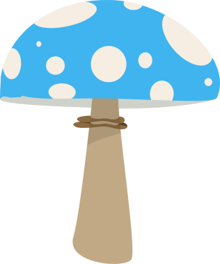 Üzerinde beyaz daireler bulunan parlak mavi başlıklı çizgi film tarzı bir mantar, siyah bir fonda göze çarpıyor. Sapı açık kahverengi renktedir..