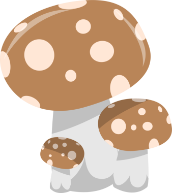 Bu resimde bir karikatür mantar kümesi yer alıyor. Mantarların siyah zıt bir zıt zemin üzerine kurulmuş beyaz noktalarla süslenmiş kahverengi başlıkları vardır. Tabanları beyazdır..