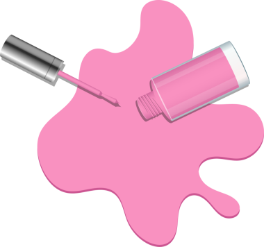 Tepeden tırnağa bir stüdyo çekimi, yere dökülen pembe tırnak cilasını siyah bir fonda yakalıyor. Dökümün yanında açık bir şişe duruyor, aplikatör fırçası yakınlarda..