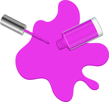 Açık pembe bir oje şişesi siyah bir yüzeye döküldü. Aplikatör fırçası gümüş şapkasından uzanıyor. Cila sıvı bir su birikintisi oluşturur..