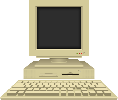 Bej renkli bir monitörden oluşan klasik bir bilgisayar sistemi disket sürücüsü olan bir bilgisayar kulesi ve bir klavye. Erken kişisel bilgisayar çağını çağrıştırıyor..