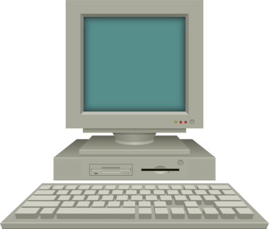 Bir retro-stil bilgisayar kurulumu yatay bir kulenin tepesinde bir kutu monitörü içerir, bir klavye ile birlikte. Sahne nostaljiyi çağrıştırıyor.