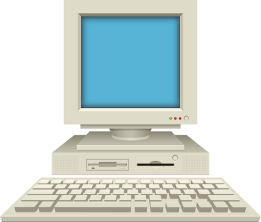 Mavi ekranlı büyük bir CRT monitörü, disket sürücüsü olan bir sistem ünitesi ve eski teknolojinin göstergesi olan bej bir klavye içeren klasik bir bilgisayar kurulumu..