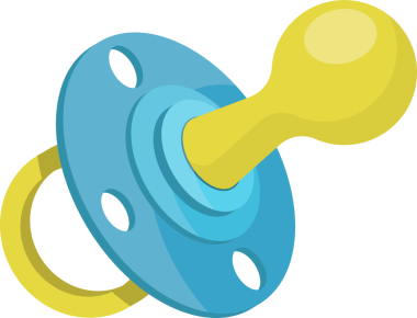 Çizgi film bebek emziği açık mavi tabanlı, sarı meme ucu ve sarı saplı olarak resmedilir. Sevimli, karikatürsel bir tasvir..