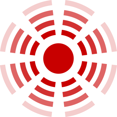 Çarpıcı bir soyut geometrik desen merkezinde kırmızı bir daire içerir. Merkezi çemberden yayılan kemerler konsantre katmanlar oluşturur. Arkaplan siyah.