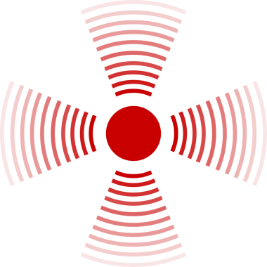Siyah bir arkaplana karşı kırmızı geometrik tasarım, radyasyonu veya sinyal iletimini sembolize eden, dört yönlü yayılan dalgalarla merkezi bir daire içerir..