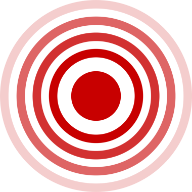 Bu resim kırmızı halkalarla çevrili merkezi bir kırmızı daire içeren dairesel bir desen gösteriyor. Bu çemberler siyah bir arkaplana karşı dışa doğru genişliyor ve bir hedefi çağrıştırıyor..
