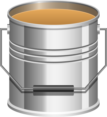 Gümüş renkli metal bir kova, sapı ve bej rengi maddeyle dolu. Boya, kimyasallar veya diğer sıvıları güvenli bir konteynırda saklamak için ideal..