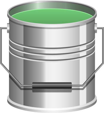 Bir illüstrasyon, içinde parlak yeşil bir sıvı bulunan gümüş metalik bir kova gösteriyor, muhtemelen boya. Kovanın sapı var ve düz siyah bir zemine ayarlı..