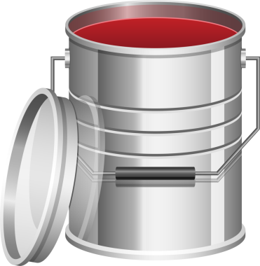 Parlak, kırmızı bir maddeyle dolu metalik bir boya kutusu kapağının yanında duruyor. Konteynır kolay taşınır. Boyaya hazır olduğunu gösterir..