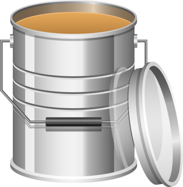 Tablo, bronzlaştırıcı sıvıyla dolu gümüş metal bir boya kutusu gösteriyor. Kapak sağ tarafta hafif kavisli. Siyah sapı ve metalik bir kapağı var..