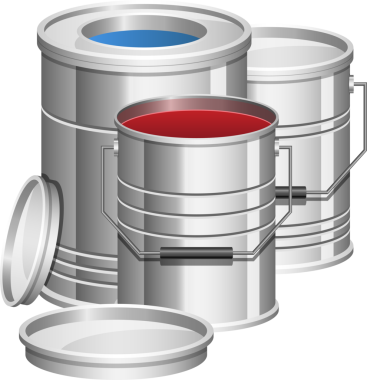 Mavi, kırmızı ve beyaz boyalarla dolu üç metalik boya kutusu. Yakınlarda iki kapak duruyor. Projeler için canlı ve kullanıma hazır bir boya seti..