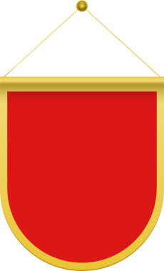 Altın çerçeveli canlı kırmızı bir flama altın bir kordon tarafından askıya alınır. Arka plan simsiyah, flamanın cesur tasarımı ve basitliği vurgulanıyor..