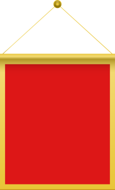 Siyah bir arkaplan üzerinde görsel olarak çarpıcı bir pankart gösterilir. Pankartta parlak altın çerçeveli ve süspansiyon kablolarına sahip canlı kırmızı bir merkez yer alıyor..