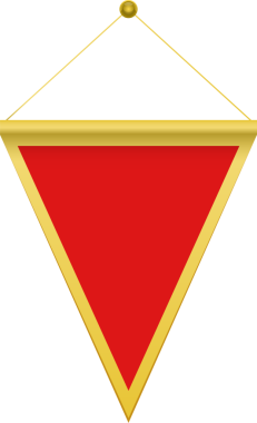 Altınla süslenmiş canlı kırmızı üçgen bir flama, altın bir kordon tarafından askıya alınır. Arka plan düz, simsiyah, flamayı vurguluyor..